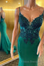 Straps Green Appliques Mermaid Long Formal Prom Dress