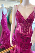 Fuchsia Mermaid Sequined Embroidery Tulle Long Formal Prom Dress