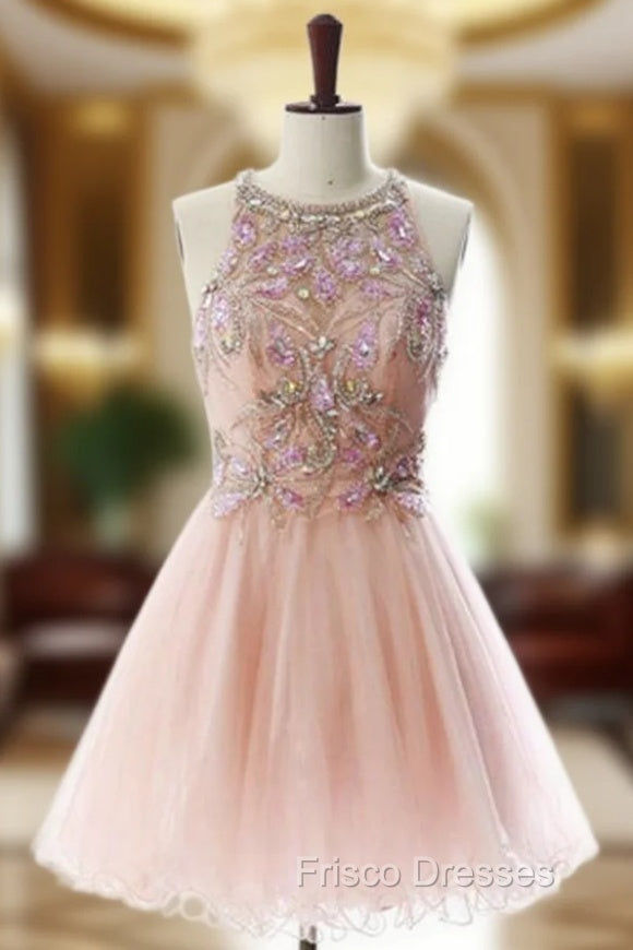 Attractive A lines Pink Homecoming Dress Open Back Sleeveless Beaded Scoop Mini Homecoming Dress
