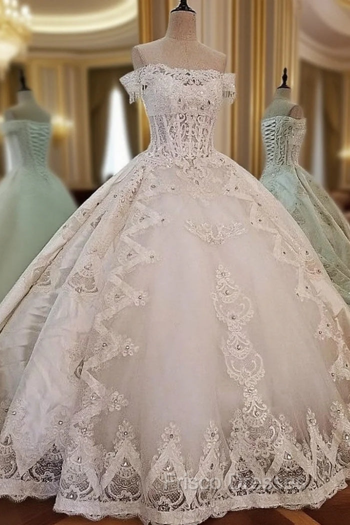 Attractive Bridal Gown Lace Beading Off the Shoulder Ball Gown Lace Wedding Dress Main image