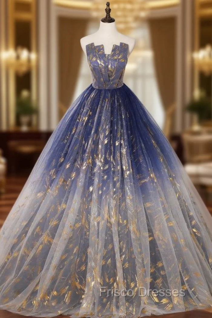 Available In Sizes 0-24 Blue Ball Gown Tulle Gold Stamping Strapless Quinceanera Dress Main image