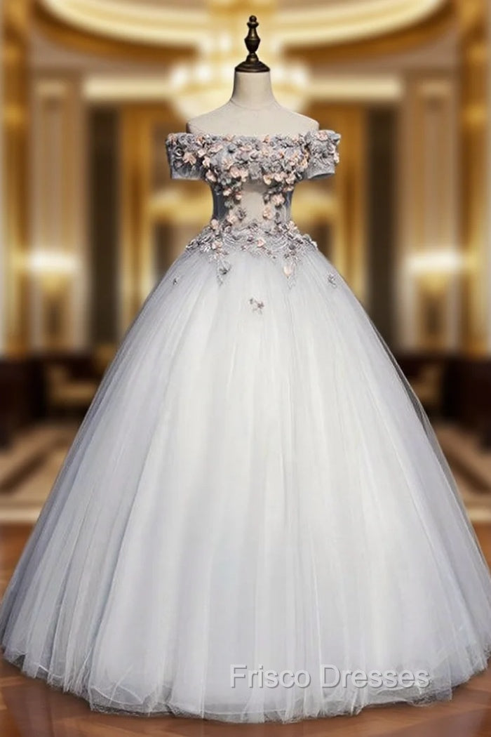 Available In Sizes 0-24 Gray Ball Gown Tulle Appliques Off the Shoulder Short Sleeve Quinceanera Dress Main image