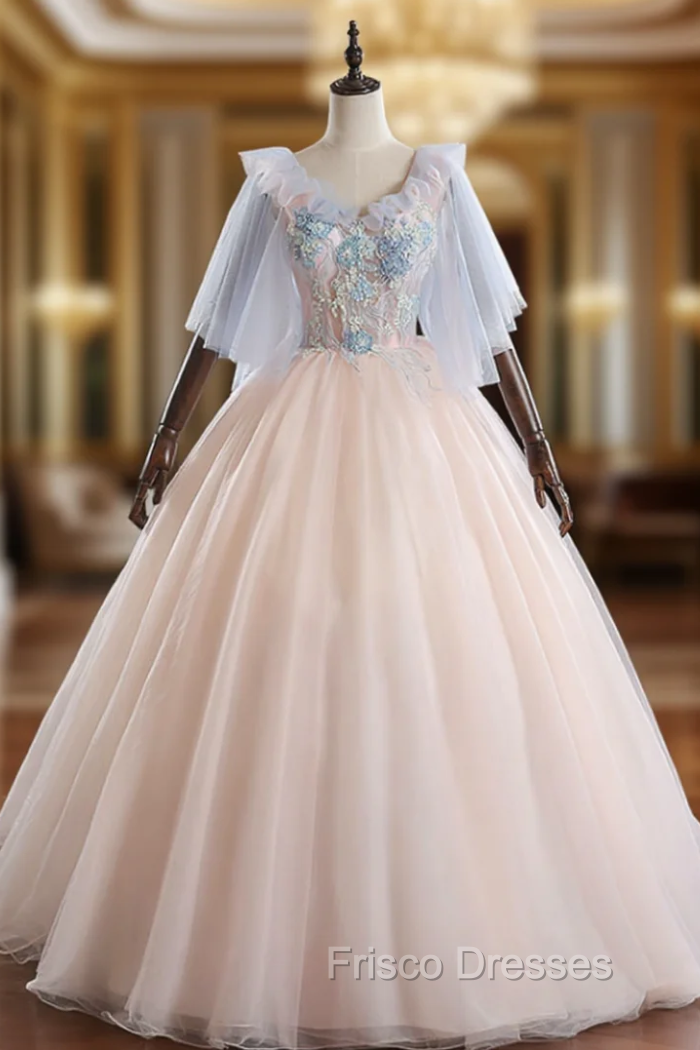Available In Sizes 0-24 Pink Ball Gown Tulle Appliques V-neck Quinceanera Dress Main image