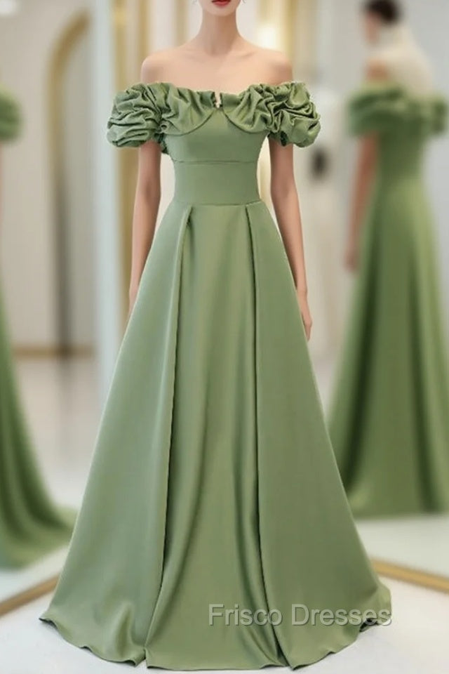Avocado Green Satin Off the Shoulder Formal Prom Dress Main image