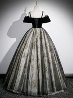 Black Velvet Tulle Sequins Floor Length Prom Dress, Off the Shoulder Evening Party Dress