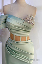 Off-the-Shoulder Mermaid Formal Prom Dresses in Dusty Sage with Beads