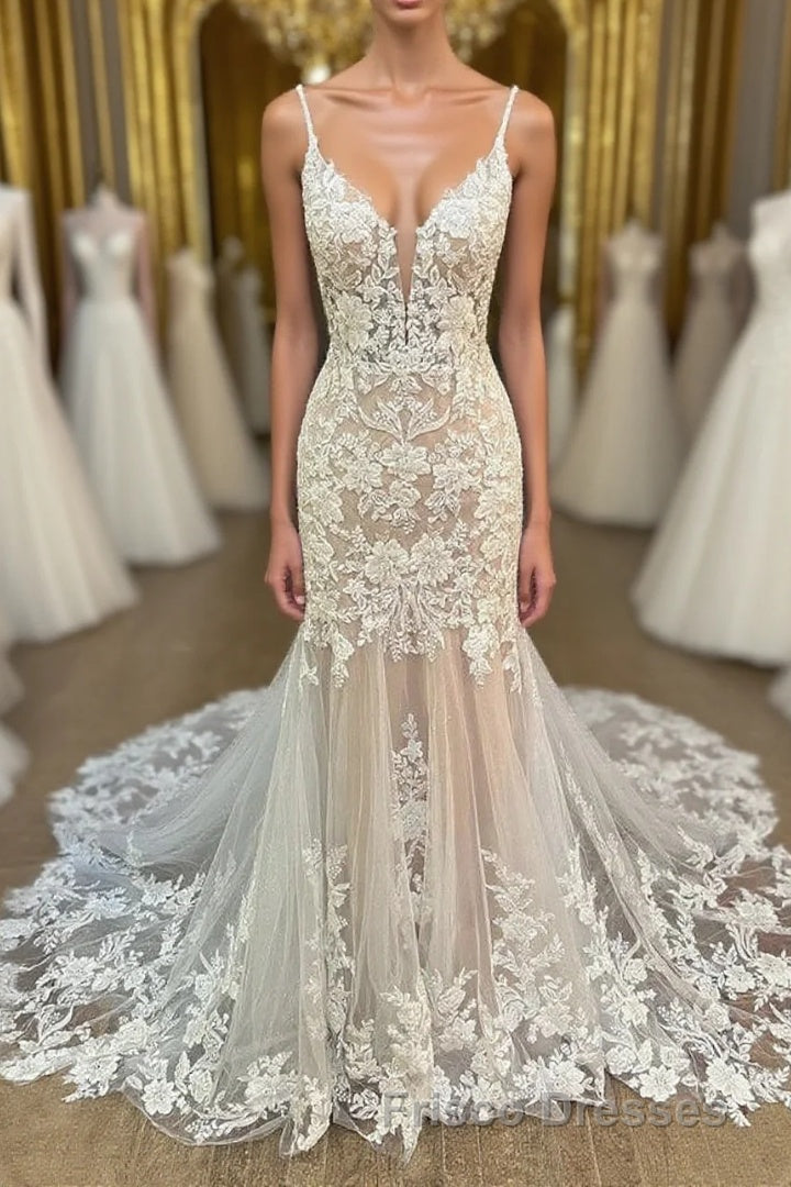 Elegant V Neck Mermaid Lace Appliques Wedding Dress