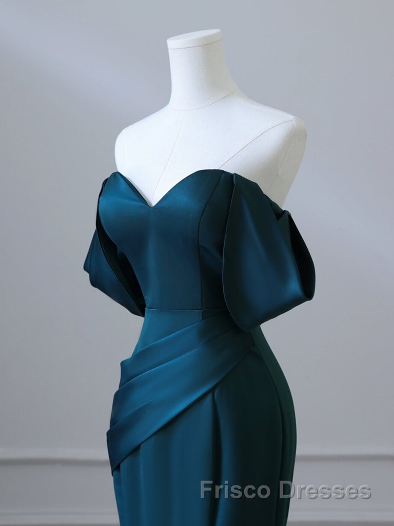 Simple Off Shoulder Satin Ink Blue Long Formal Prom Dresses, Ink Blue Long Formal Dresses