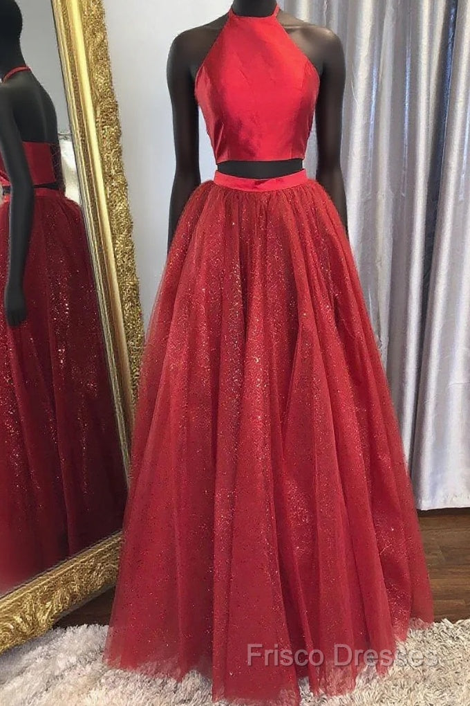 Back Two Piece Halter Sparkle Lace-Up Red Long Formal Prom Dress Main image