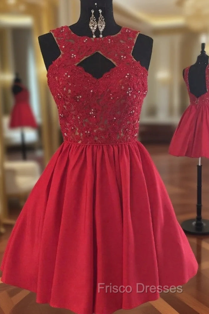 Backless Beaded Lace Red Satin Homecoming Dress Short Formal Prom Gowns Main image