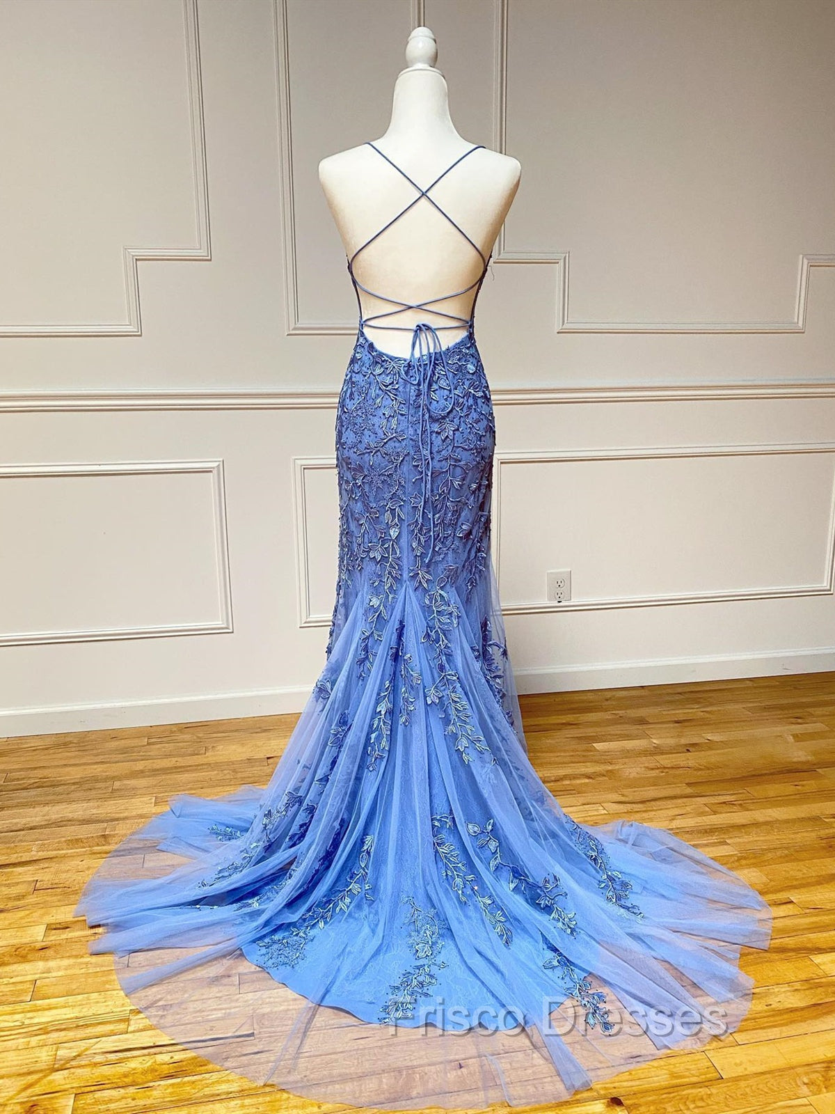 Backless Blue Lace Mermaid Formal Prom Dress, Open Back Lace Mermaid Formal Evening Dress