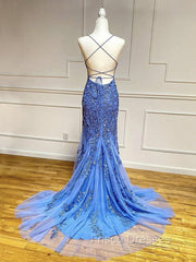 Backless Blue Lace Formal Prom Dress, Open Back Blue Lace Formal Graduation Dress