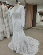 Backless Bohemian Simple V-Neck Long Sleeve Lace Wedding Dress With Train