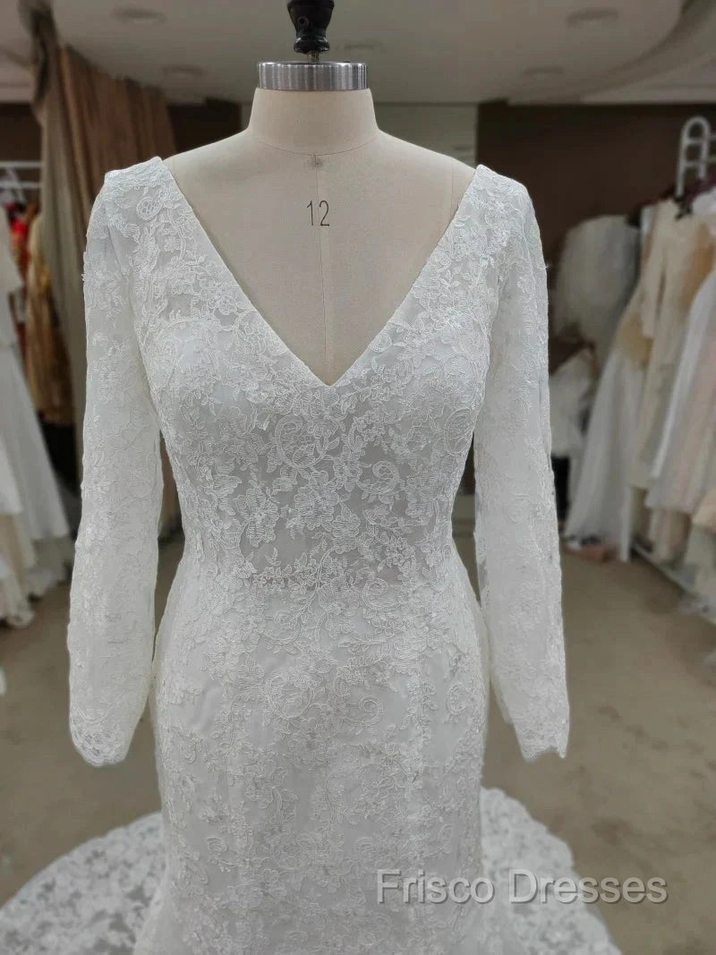 Backless Bohemian Simple V-Neck Long Sleeve Lace Wedding Dress With Train