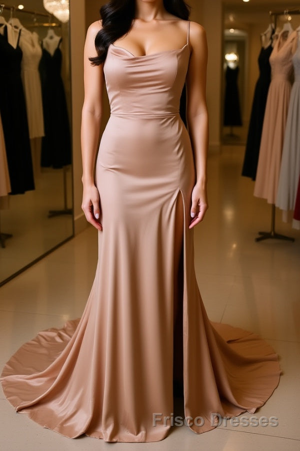 Backless Champagne Long Formal Prom Dresses with High Slit, Long Champagne Formal Graduation Evening Dresses Main image