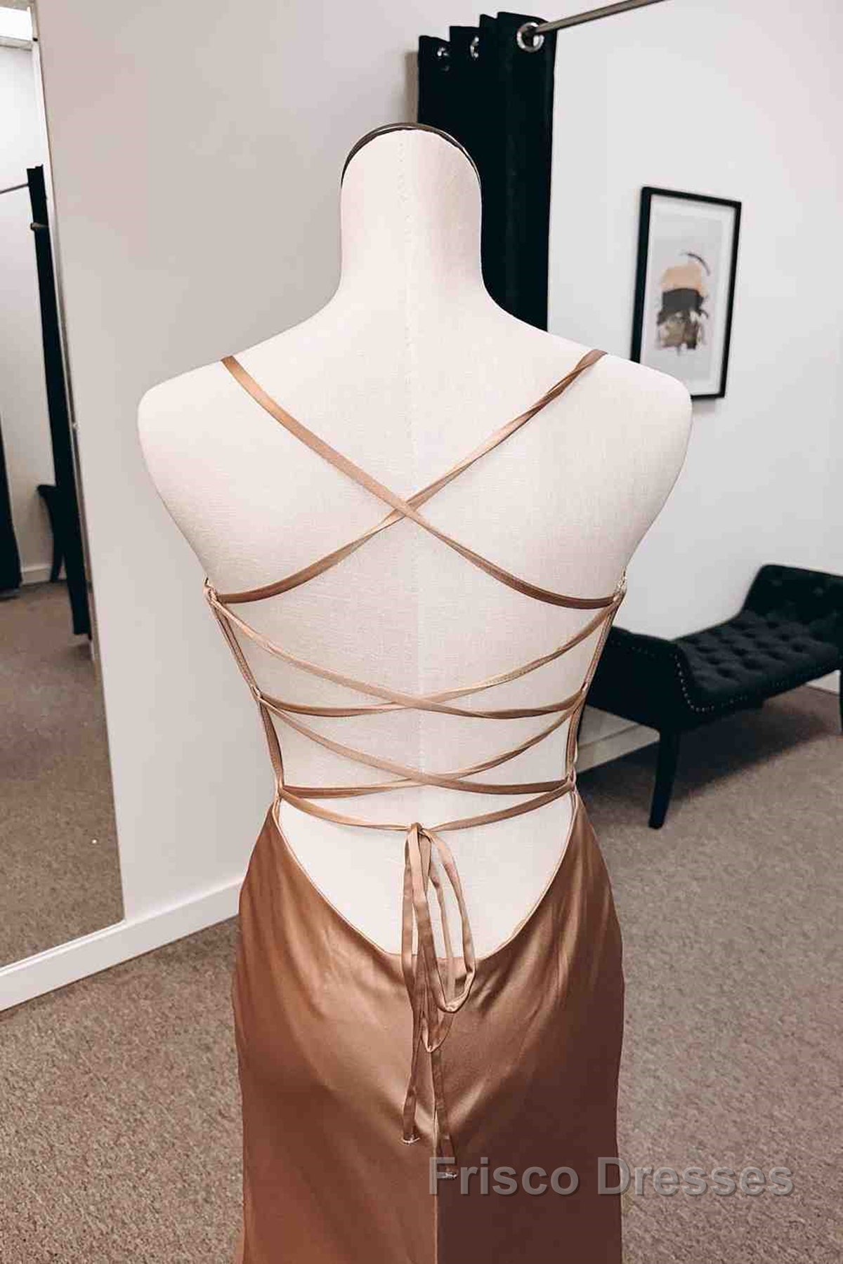 Backless Champagne Long Formal Prom Dresses with High Slit, Long Champagne Formal Graduation Evening Dresses Secondary image