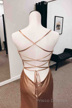 Backless Champagne Long Formal Prom Dresses with High Slit, Long Champagne Formal Graduation Evening Dresses