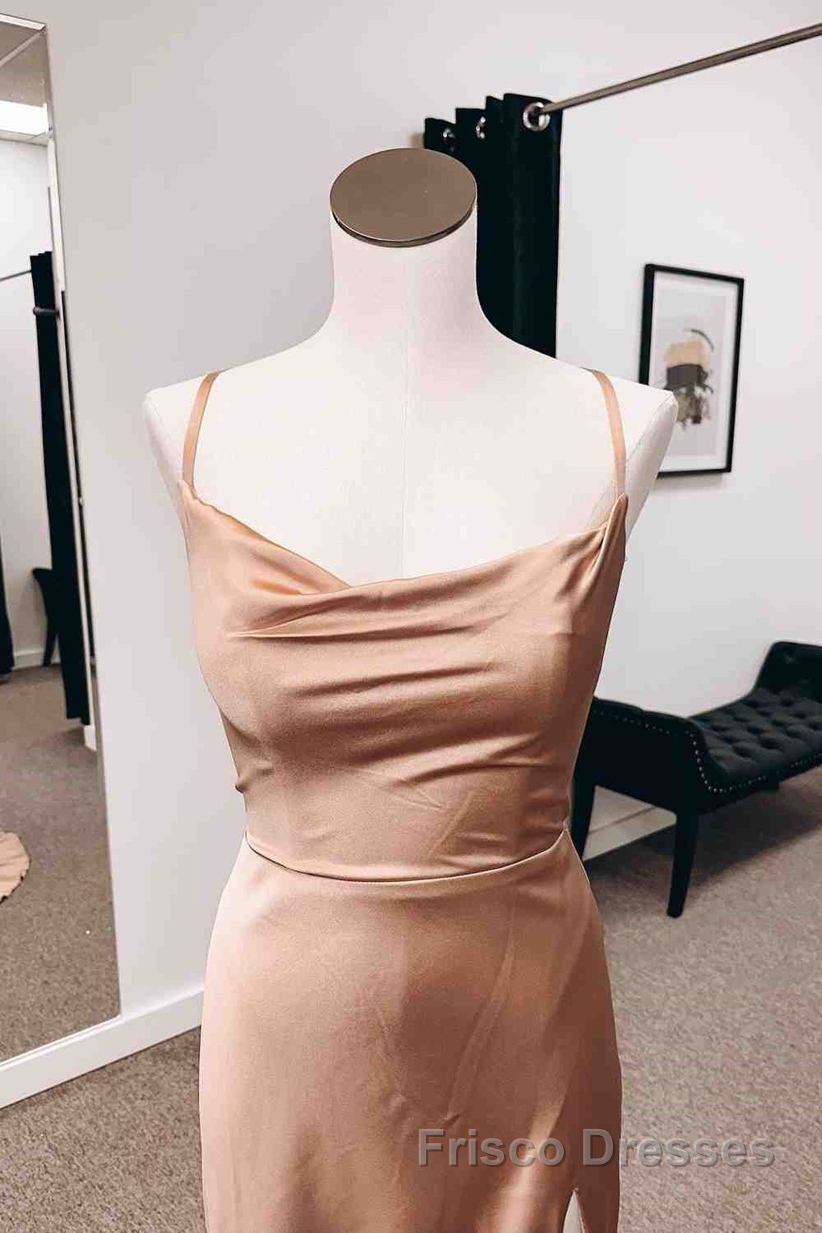 Backless Champagne Long Formal Prom Dresses with High Slit, Long Champagne Formal Graduation Evening Dresses