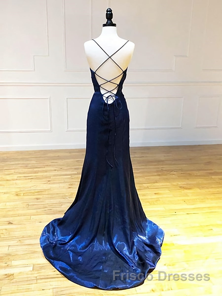 Backless Dark Navy Blue Long Formal Prom Dresses, Dark Navy Blue Formal Graduation Evening Dresses