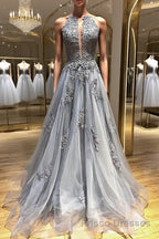 Backless Gray Lace Formal Prom Dresses, Backless Gray Lace Formal Evening Graduation Dresses