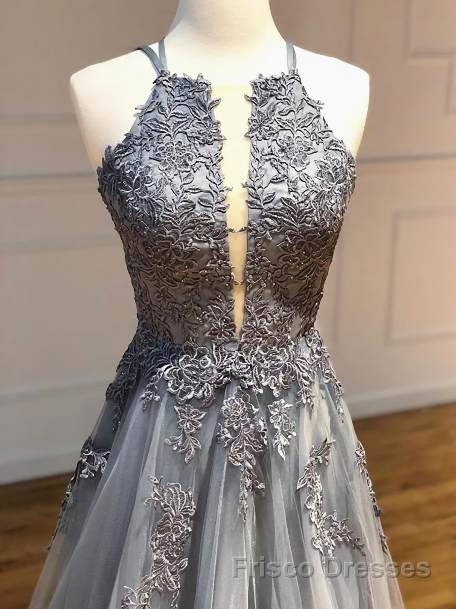 Backless Gray Lace Formal Prom Dresses, Backless Gray Lace Formal Evening Graduation Dresses Secondary image