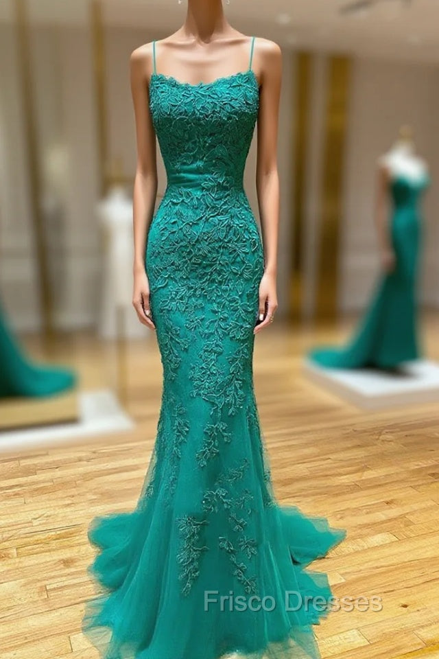 Backless Green Mermaid Lace Formal Prom Dress, Open Back Green Lace Mermaid Formal Evening Dress
