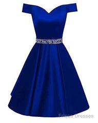 Backless Homecoming Dress,Royal Blue Beaded A Line Satin Cocktail Dress