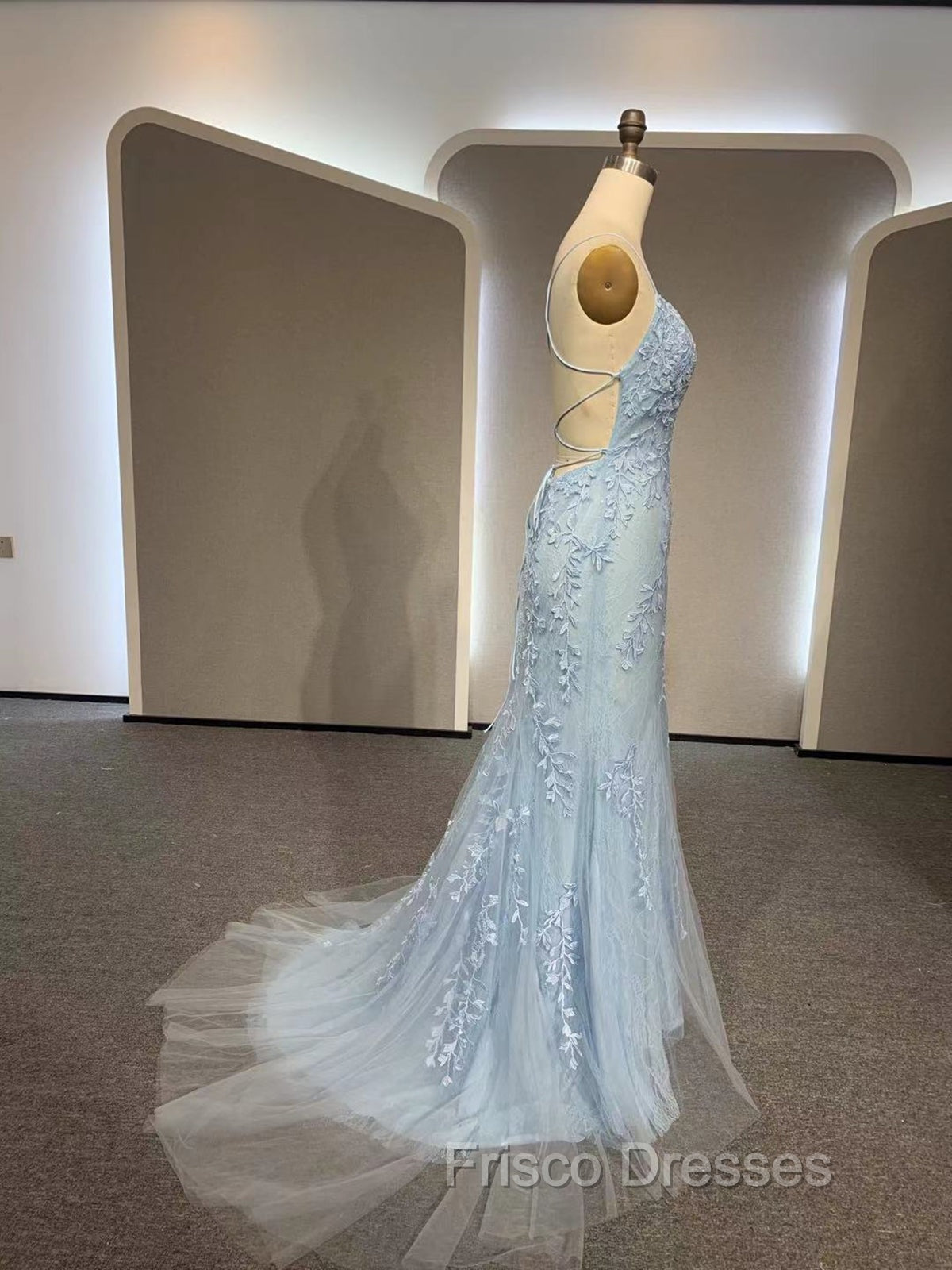 Backless Light Blue Lace Formal Prom Dress, Open Back Light Blue Lace Formal Evening Dress Secondary image