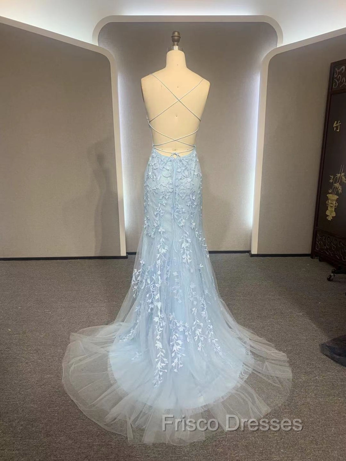 Backless Light Blue Lace Formal Prom Dress, Open Back Light Blue Lace Formal Evening Dress