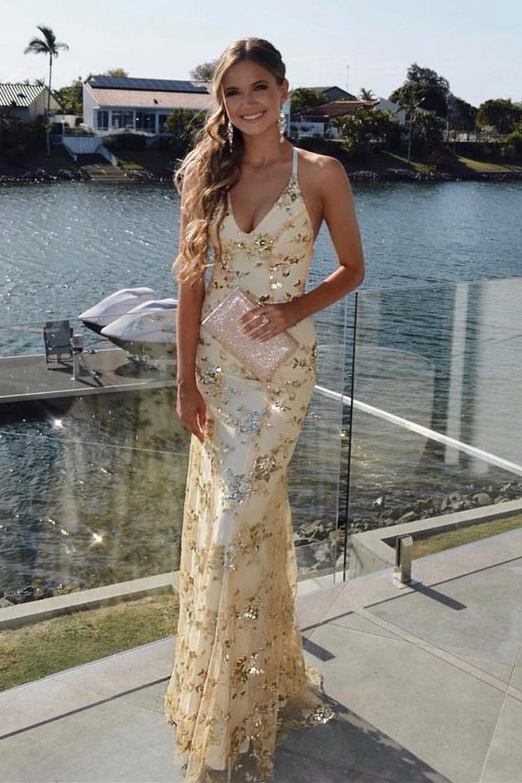 Mermaid Sexy Prom Dress Vintage Backless Lace Prom Dress,Gold Sequin Prom Dress Secondary image