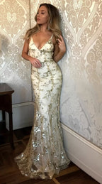 Mermaid Sexy Prom Dress Vintage Backless Lace Prom Dress,Gold Sequin Prom Dress