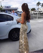 Mermaid Sexy Prom Dress Vintage Backless Lace Prom Dress,Gold Sequin Prom Dress