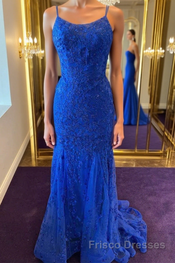 Backless Mermaid Blue Lace Tulle Long Formal Prom Dresses, Mermaid Blue Formal Dresses, Blue Lace Evening Dresses Main image
