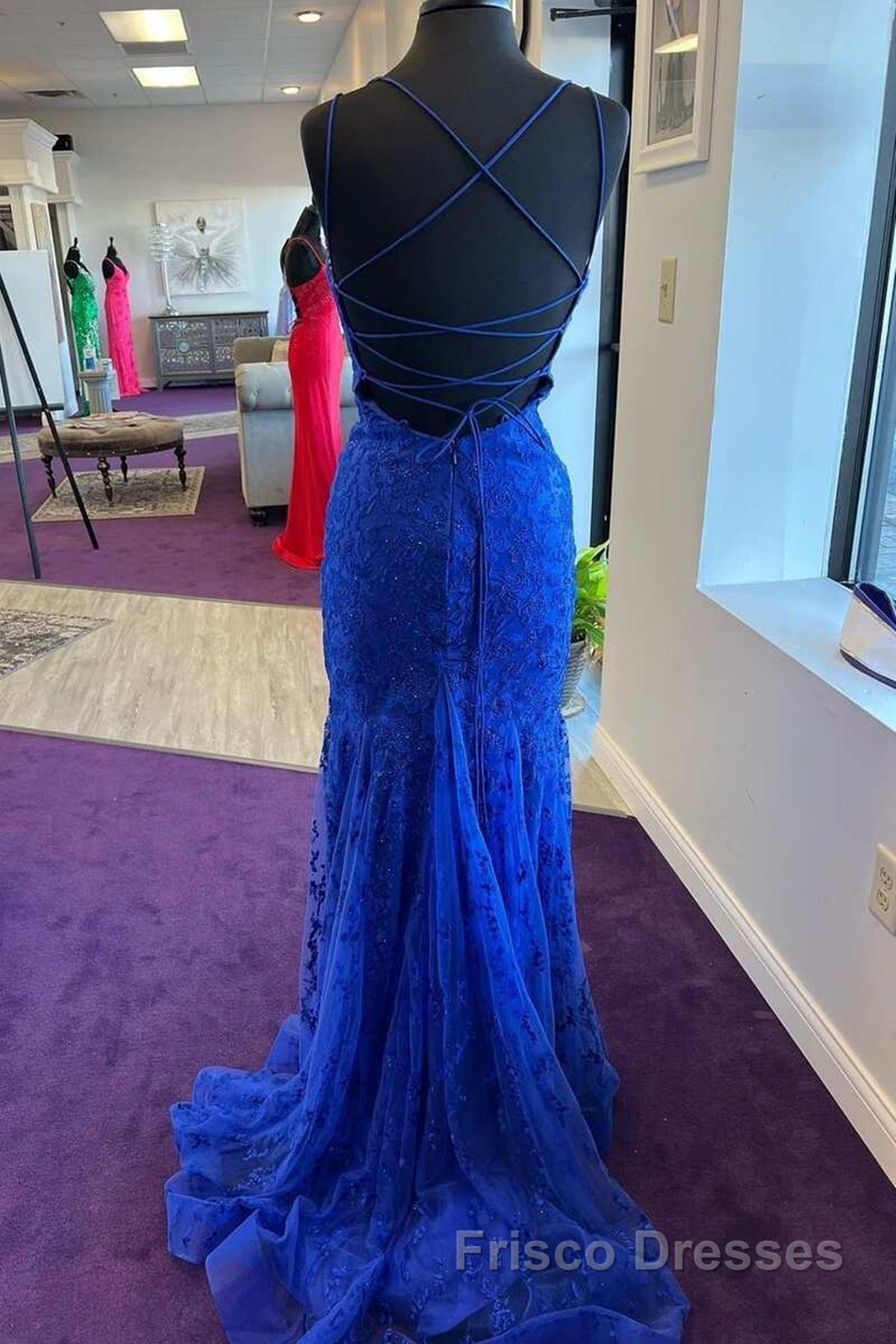 Backless Mermaid Blue Lace Tulle Long Formal Prom Dresses, Mermaid Blue Formal Dresses, Blue Lace Evening Dresses Secondary image