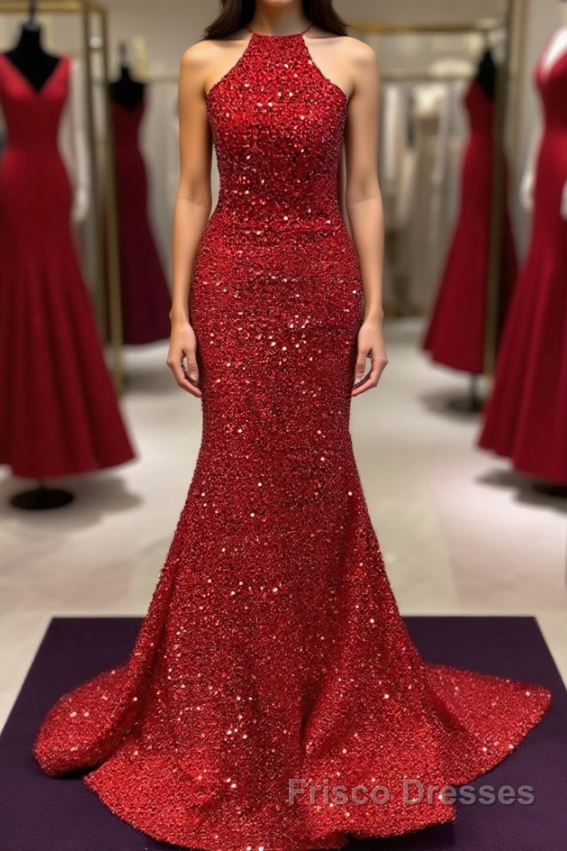 Backless Mermaid Burgundy Sequins Long Formal Prom Dresses, Mermaid Burgundy Formal Dresses, Burgundy Evening Dresses Main image