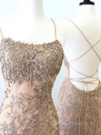 Backless Mermaid Champagne Lace Formal Prom Dress, Champagne Backless Mermaid Lace Formal Dress