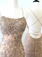 Backless Mermaid Champagne Lace Formal Prom Dresses, Champagne Backless Mermaid Lace Formal Evening Dresses