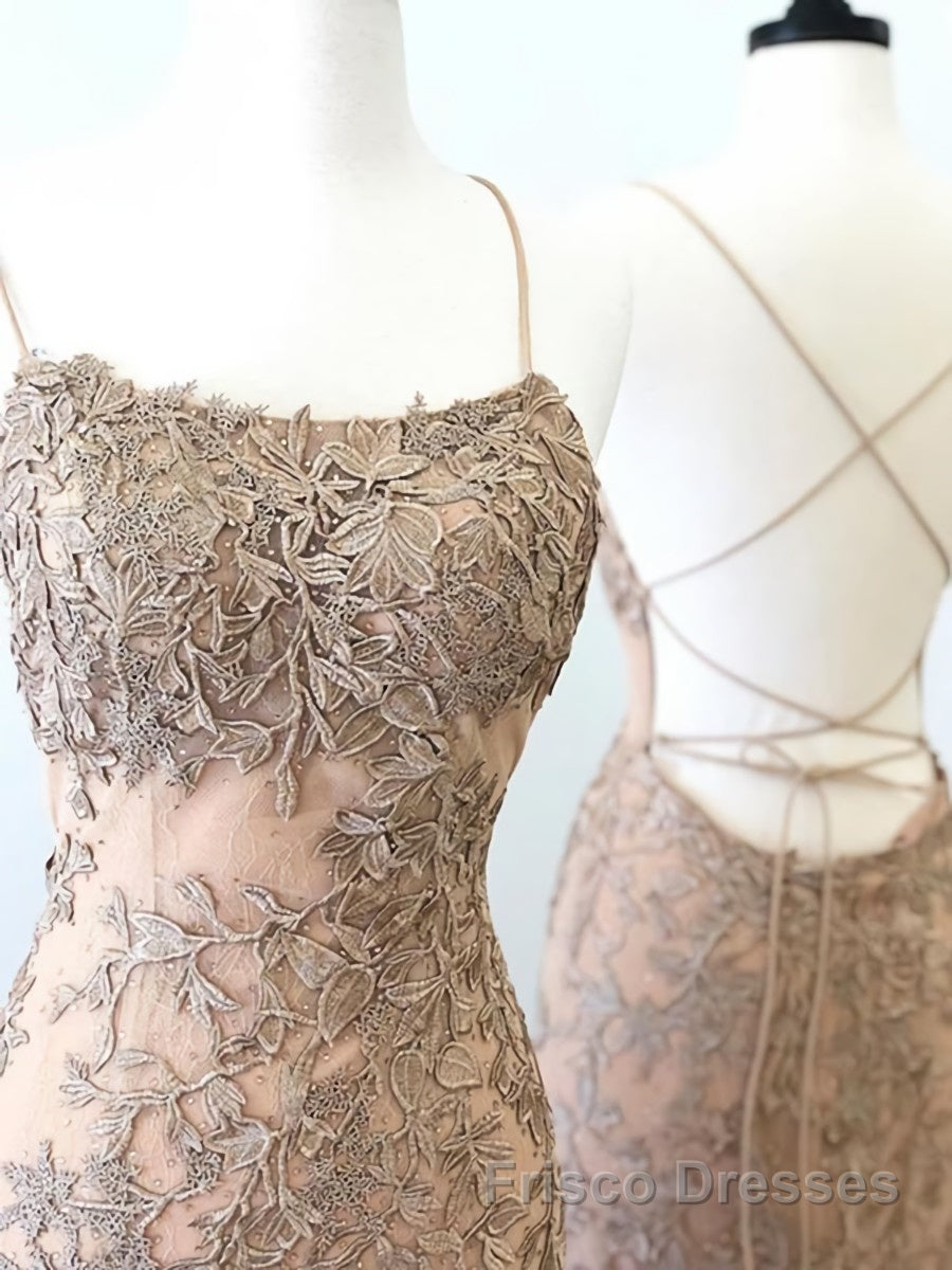 Backless Mermaid Champagne Lace Formal Prom Dresses, Champagne Backless Mermaid Lace Formal Evening Dresses