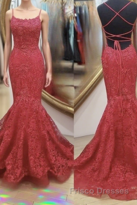 Backless Mermaid Red Lace Long Formal Prom Dresses, Mermaid Red Lace Formal Dresses, Red Lace Evening Dresses Main image