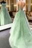 Backless Mint Green Lace Formal Prom Dress, Mint Green Open Back Lace Formal Evening Dress