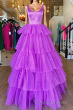 Backless Purple High Low Formal Prom Dresses, Open Back Purple High Low Formal Evening Dresses