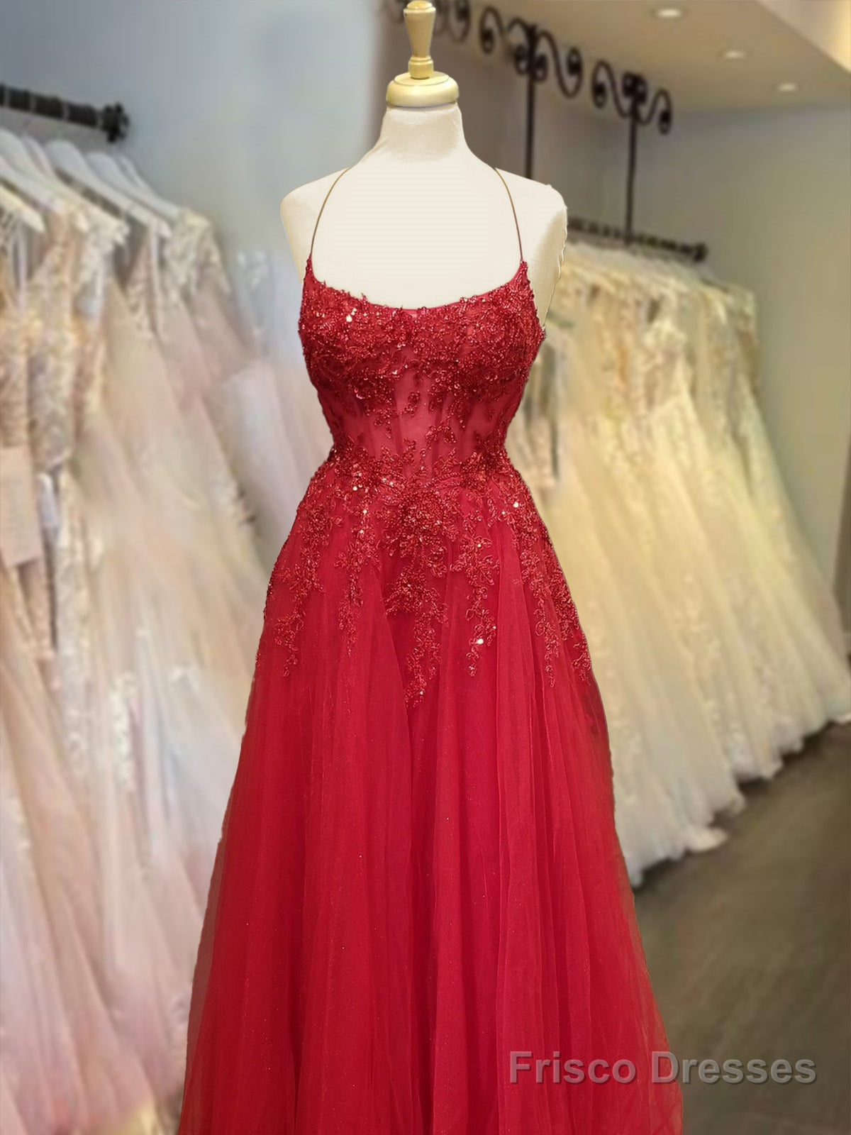 Backless Red Lace Prom Dresses, Open Back Red Long Lace Formal Evening Dresses Main image