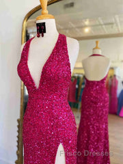 Backless Royal Blue Sequin Formal Prom Gown with Slit,Formal Prom Dress with Sequins