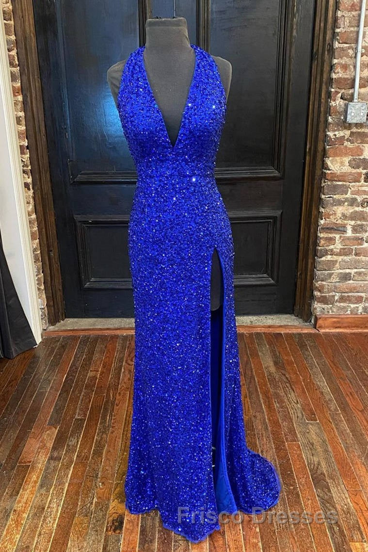 Backless Royal Blue Sequin Formal Prom Gown with Slit,Formal Prom Dress with Sequins