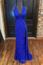 Backless Royal Blue Sequin Formal Prom Gown with Slit,Formal Prom Dress with Sequins