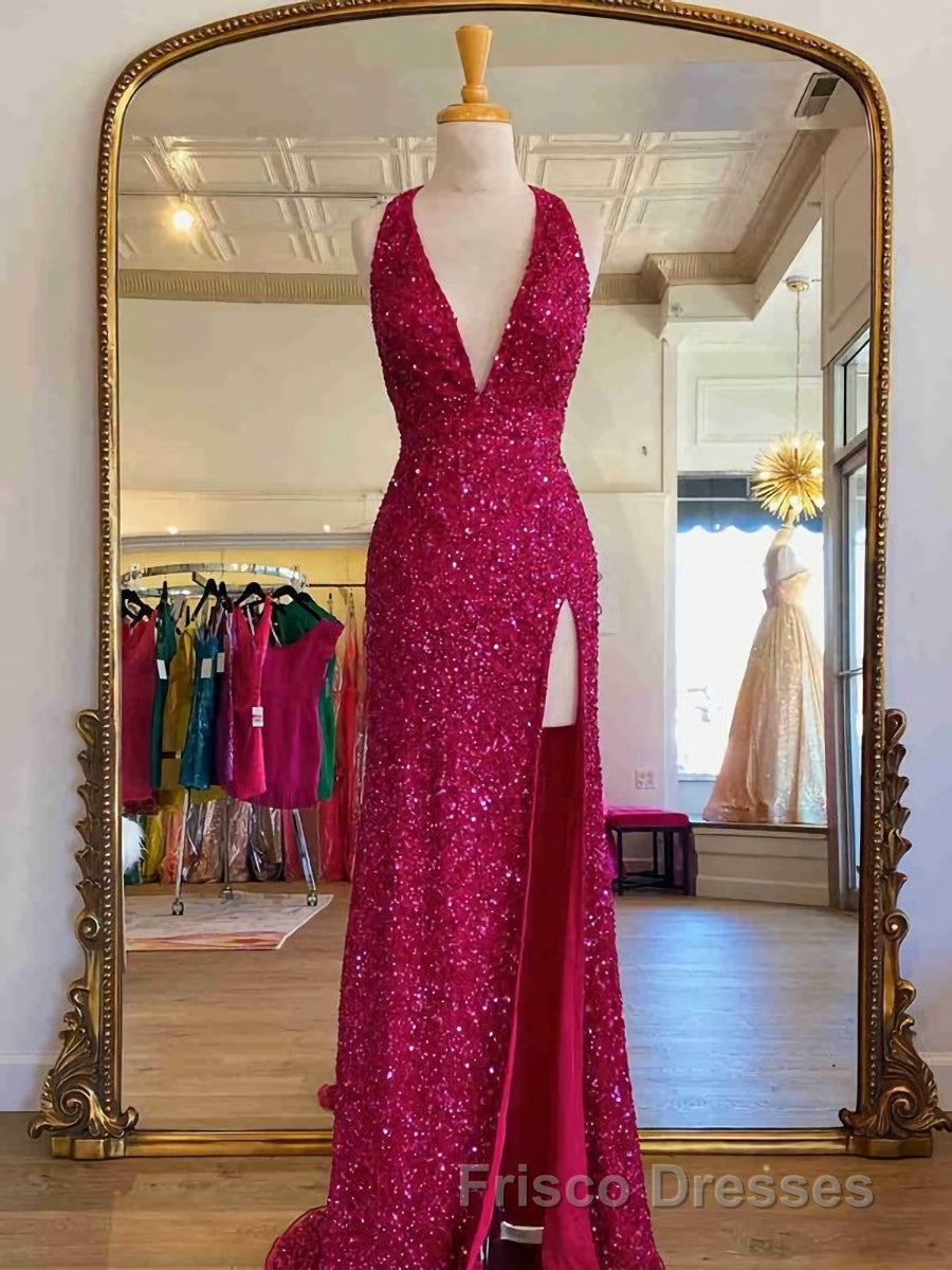 Backless Royal Blue Sequin Formal Prom Gown with Slit,Formal Prom Dress with Sequins