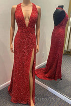 Backless Royal Blue Sequin Formal Prom Gown with Slit,Formal Prom Dress with Sequins