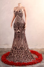 Backless Sequins Mermaid Formal Prom Dress Burgundy Party Evening Dress with Feather Chapel Train