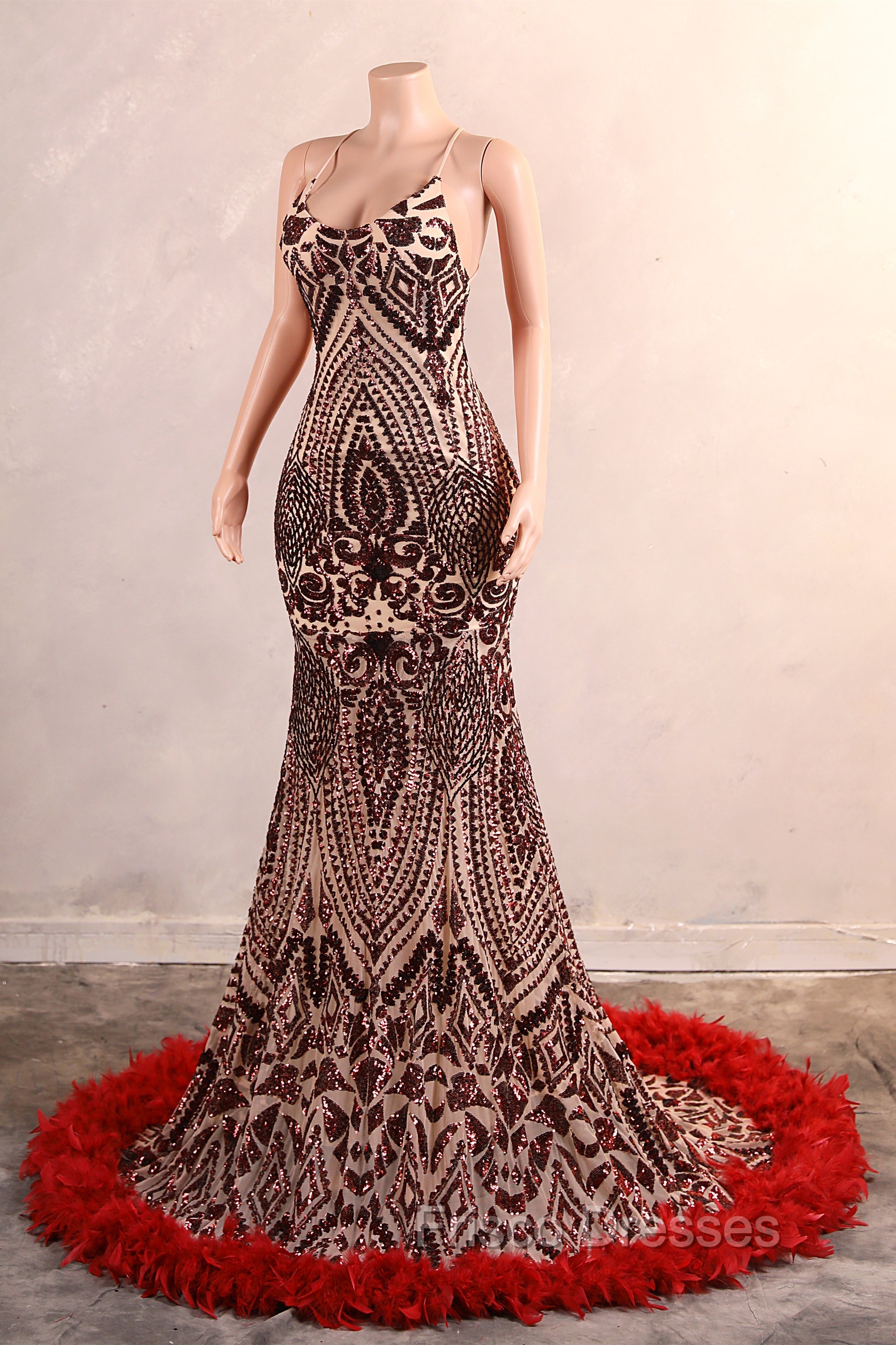 Backless Sequins Mermaid Formal Prom Dress Burgundy Party Evening Dress with Feather Chapel Train