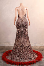 Backless Sequins Mermaid Formal Prom Dress Burgundy Party Evening Dress with Feather Chapel Train